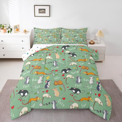 Erosebridal Kids Rat Comforter Set, Mouse Rodents Bedding Set King Size, Funny Animal Love Heart Duvet Sets for Boys Girls Children Bedroom, Cartoon Style Duvet Insert Decorative Room, Green - color: Multi 34, size: King