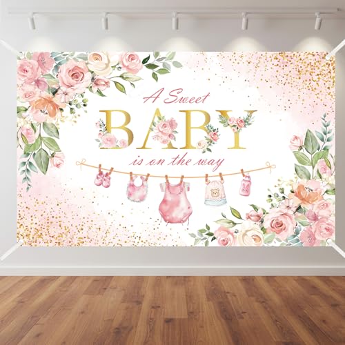 Pink Floral Baby Shower Backdrop - 6x5 ft A Sweet Baby is on the Way Party Decorations Banner Backdrop with Floral Wall Design Oh Baby Sign Photo Booth Prop for Girl Baby Shower - color: Flower