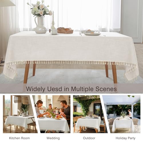 JIALE Textured Tablecloths, Heavy Duty Cotton Linen Farmhouse Table Cloth Rectangle Table, Waterproof Wrinkle-Free Rectangle Tablecloth for Kitchen, Dining, Parties, 55"x120", Ivory - color: Ivory Tassel, size: 120" x 55" (Rectangular)