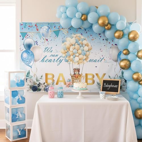 Blue Baby Shower Backdrop Decorations - We Can Bearly Wait Bear Baby Shower Banner Background Decor for Boys 6x5 ft Sky Blue Backdrop with Hot Air Balloon Design for Newborn Photo Props - color: Blue Bear