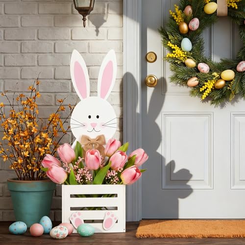 Large Easter Decorations Outdoor Wooden Bunny Planter Box Flower Pot Easter Bunny Yard Decorationsfor Porch Decor Front Door Outdoor Indoor Patio Lawn Garden Backyard 31.5''h