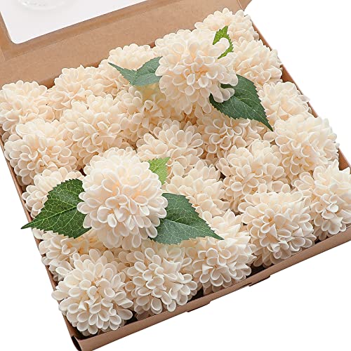 Floroom Artificial Dahlia Flowers 25pcs Real Looking Cream Foam Fake Roses with Stems for DIY Wedding Bouquets Bridal Shower Centerpieces Floral Arrangements Party Tables Home Decoration - color: Cream