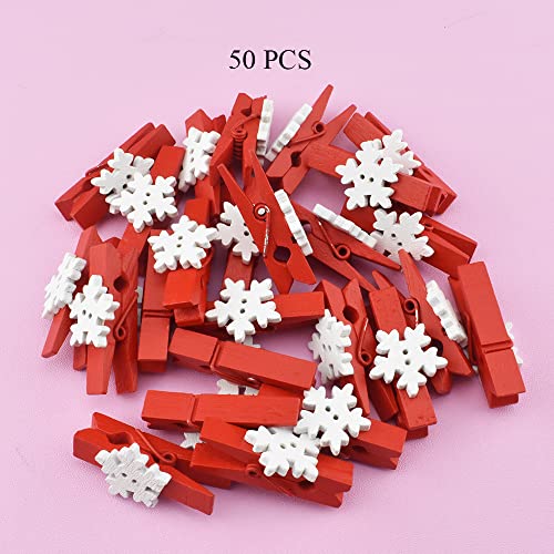 HAHIYO Mini Wooden Snowflake Clothespin Clip Christmas Photo Paper Holders 1.38inch Tight Clamp Not Fray Rope Post Notices Handy Read for Hanging Postcard Wedding Red 50PCS - size: Red(Snowflake) 1.38 inches 50 Pack