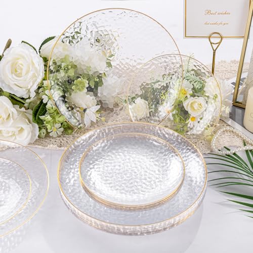 Rubtlamp 60Pcs Clear Plastic Plates,Clear Disposable Plates With Gold Rim,Heavy-duty Gold Plates,Hammered Party Plates Include 30Clear Dessert-Platos,30Dinner-Platos for Wedding, Party - color: Clear Gold