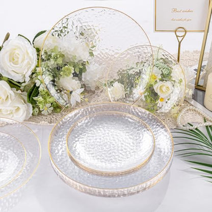 Rubtlamp 60Pcs Clear Plastic Plates,Clear Disposable Plates With Gold Rim,Heavy-duty Gold Plates,Hammered Party Plates Include 30Clear Dessert-Platos,30Dinner-Platos for Wedding, Party - color: Clear Gold