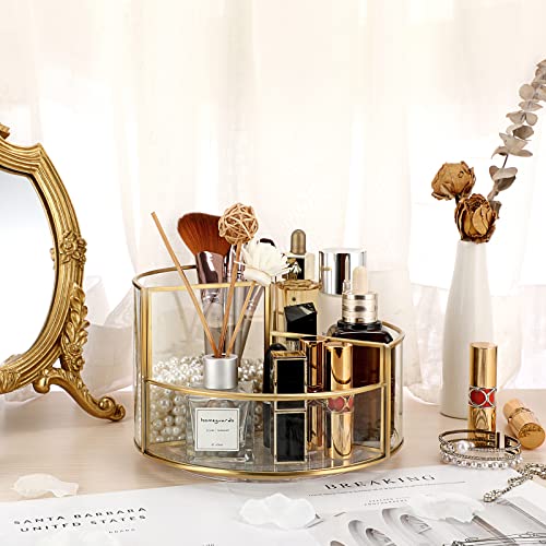 Hipiwe 360 Rotating Makeup Organizer 3-Slot Gold Glass Spinning Cosmetic Display Case Round Vanity Storage Holder Dresser Bathroom Organizer for Prefume Makeup Bushes Lipsticks - style: Round,3-Slot