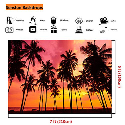 Sensfun 7x5ft Summer Seaside Sunset Photography Backdrop Vinyl Palm Trees Silhouettes on Tropical Beach Photo Background for Baby Shower Happy Birthday Party Children Photo Studio Props WP125 - color: WP125, size: 7x5ft