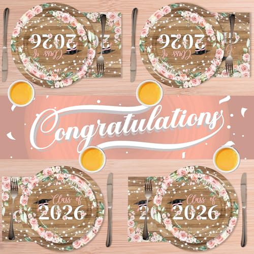Class of 2026 Graduation Party Supplies,144Pcs Pink Floral Graduation Party Plates and Napkins Class of 2026 Congrats Grad Tableware Decorations for High School College Party Serve 24