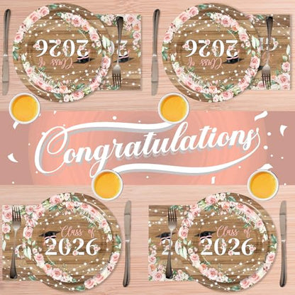 Class of 2026 Graduation Party Supplies,144Pcs Pink Floral Graduation Party Plates and Napkins Class of 2026 Congrats Grad Tableware Decorations for High School College Party Serve 24