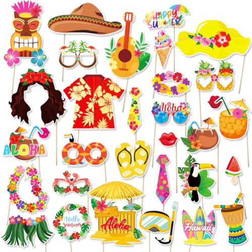 36pcs Beach Pool Photo Booth Props,Funny Hawaiian Luau Selfie Props,Summer/Tropical Tiki/Aloha Party Decoration Supplies Photobooth Kit