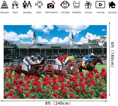Kentucky Derby Backdrop Red Rose Garden Racecourse Photography Background Horse Racing Run for The Roses Banner Kentucky Derby Party Decorations Supplies (8x6FT: 96x72 inch) - size: 8x6FT: 96x72 inch