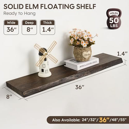 Floating Shelves Set of 2, Solid Elm Wood Wall Shelves 36 Inch - Invisible Bracket Mount for Living Room, Bedroom, Kitchen, Bathroom - Brown - color: Dark Brown, size: 36"L, 2-Pack