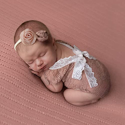Baby Photography Props Outfit Lace Rompers Newborn Girl Photo Shoot Outfits Flower Headband Princess Costume - color: Lotus Color