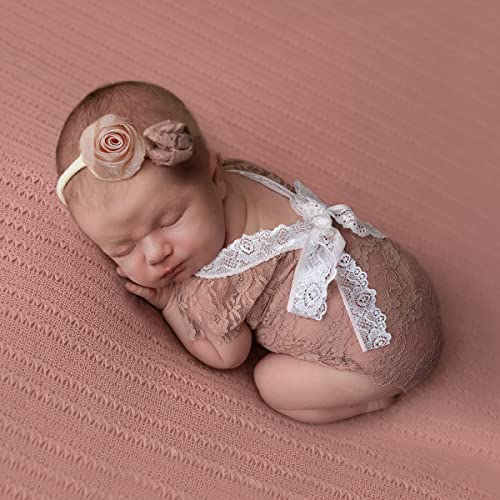 Baby Photography Props Outfit Lace Rompers Newborn Girl Photo Shoot Outfits Flower Headband Princess Costume - color: Lotus Color