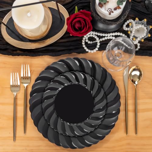 U-QE 60 Pcs Black Plastic Plates for Party – Black Plastic Disposable Heavy Duty – Include 30 10.25" Dinner & 30 7.25" Dessert Plate - Perfect for Parties, Weddings - color: Black