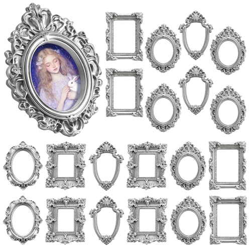 20PCS Mini Vintage Resin Picture Frame, Mini Antique Photo Frame Oval Rectangle for DIY Jewelry Display, Photography Mobile Phone Photo and Wall Decor Hanging(Silver) - style: 20SilverMiniResinPictureFrame