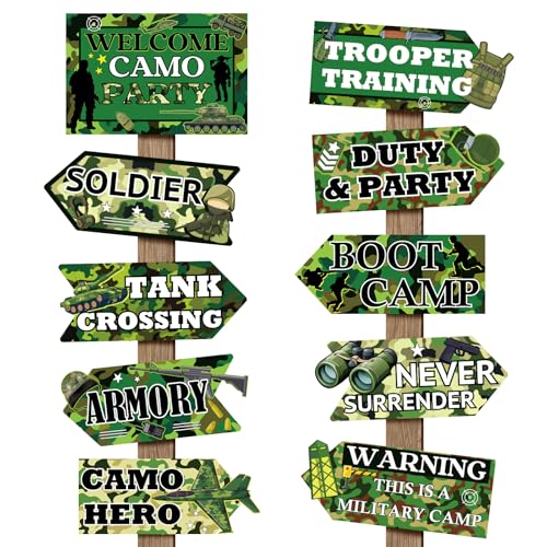 Hooqict 20 Pieces Camo Party Signs Army Birthday Party Decorations Camouflage Military Birthday Party Supplies for Boys Men Army Themed Directional Sign - style: Camo