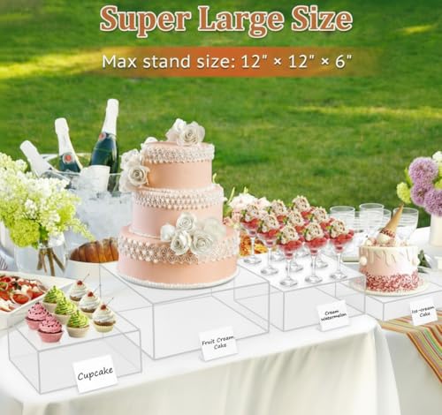 SUNEZLGO 8PCS Buffet Risers, Acrylic Large Food Risers with Mini Signs, Buffet Table Acrylic Cube Display Stands Clear Box Risers for Party Catering Dessert Jewelry Nesting Risers with Hollow Bottom - color: Clear