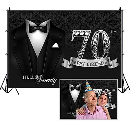 5x3ft Men 70th Birthday Tuxedo Backdrop Black Necktie Suit Tuxedo Silver Diamonds 70th Happy Birthday Photography Background Hello Seventy Father Grandpa Luxury Birthday Party Supplies - color: black silver 70, size: 5x3ft