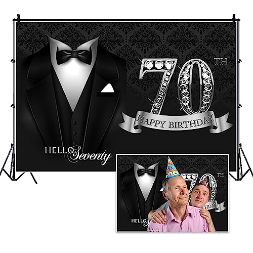 5x3ft Men 70th Birthday Tuxedo Backdrop Black Necktie Suit Tuxedo Silver Diamonds 70th Happy Birthday Photography Background Hello Seventy Father Grandpa Luxury Birthday Party Supplies - color: black silver 70, size: 5x3ft