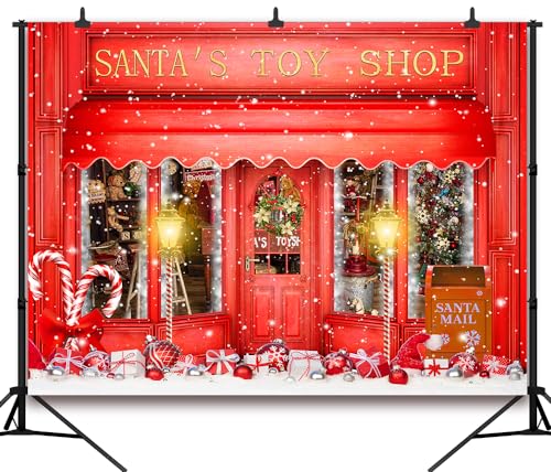 12X8FT Red Christmas Photo Backdrop Santa's Toy Shop Candy Cane in Snow World Xmas Family Holiday Party Banner Photography Background Supplies Decor Studio Prop - size: 12x8Ft