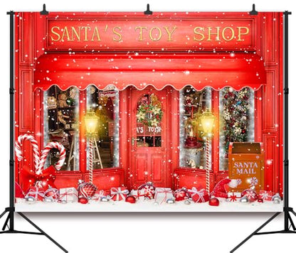 15X8FT Red Christmas Photo Backdrop Santa's Toy Shop Candy Cane in Snow World Xmas Family Holiday Party Banner Photography Background Supplies Decor Studio Prop - size: 15x8Ft