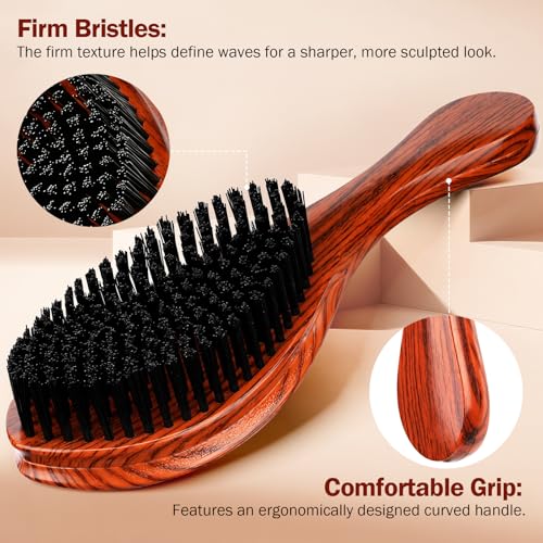 Handle Brushes for 360 Waves - Hard Wave Hair Brushes Wave Styler Great for Wolfing Wave Styler Brush Great for Black Hair - Boar & Nylon Bristle Curve Wave Brush for Barbers & Daily Use (Red)