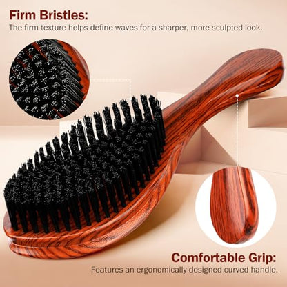 Handle Brushes for 360 Waves - Hard Wave Hair Brushes Wave Styler Great for Wolfing Wave Styler Brush Great for Black Hair - Boar & Nylon Bristle Curve Wave Brush for Barbers & Daily Use (Red)
