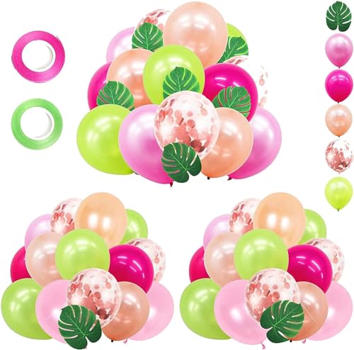 Hawaiian Party Decorations, 68pcs Tropical Luau Party Decorations Balloons With Palm Leaves For Summer Aloha Moana Tiki BDAY Parties Decor - color: Green and Pink
