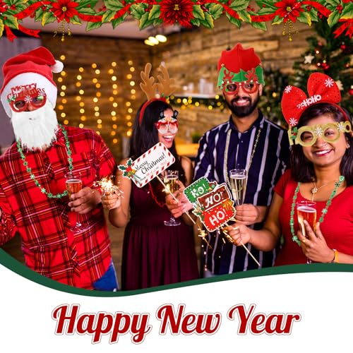 Zubebe 55 Pcs Christmas Photo Booth Props DIY Kit Selfie Props Accessories Christmas Hats Headband Glasses Scarves Paper Photo Booth Xmas Theme Photography Backdrop Decor Xmas Party Supplies