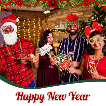 Zubebe 55 Pcs Christmas Photo Booth Props DIY Kit Selfie Props Accessories Christmas Hats Headband Glasses Scarves Paper Photo Booth Xmas Theme Photography Backdrop Decor Xmas Party Supplies
