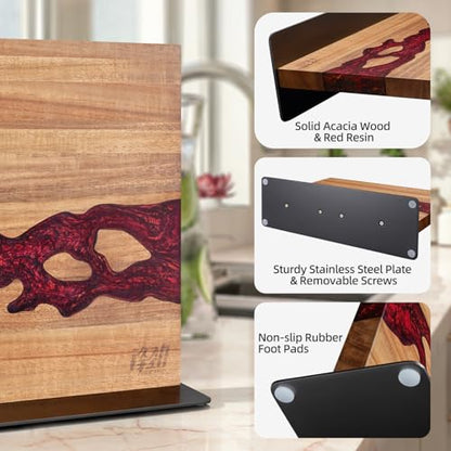 FINDKING Magnetic Knife Block, Double Sided Holder, Powerful Magnet Kitchen Storage, Acacia Wood and Red Resin (12 x 10 Inches, Without Knives) - color: Red