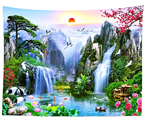 BELECO 7x5ft Fabric Fairyland Mountain Lake Photography Backdrop Waterfalls Swans Fish Flowers Dreamy Natural Landscape Painting Background Wall Murals Home Decor Kids Adults Portrait Photoshoot - size: 7x5ft