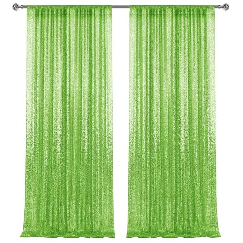2×8FT-2PCS Green Sequin Backdrop Curtains Panels, Photography Backdrop Glitter Curtains Fabric Background for Christmas Wedding Party Decor - color: Apple Green, size: 2X8FT-2PCS