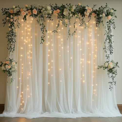 White Tulle Backdrop Curtain with Lights - 10x8ft Sheer Backdrop with 250 LEDs for Wedding, Baby Shower, Bridal Shower, Birthday Party Photo Shoot Background and Home Decorations - color: White, size: 10 x 8 Feet