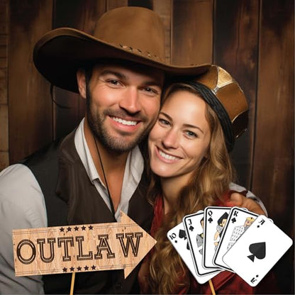 Western Photo Booth Props - 41-pc Photo Prop Kit with 8 x 10-Inch Sign, 60 Adhesive Pads, 45 Sticks - Photo Booth Props Country Theme - Wild West Photo Props