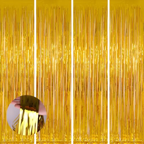 Valentines Day 4 Pack 3.3 * 8.3 ft Foil Curtain Metallic Tinsel Fringe Curtains Photo Booth Props Backdrop for Birthday Wedding Engagement Baby Shower Christmas Holiday Celebration Partyl,Gold - color: Gold, size: 4 Pack