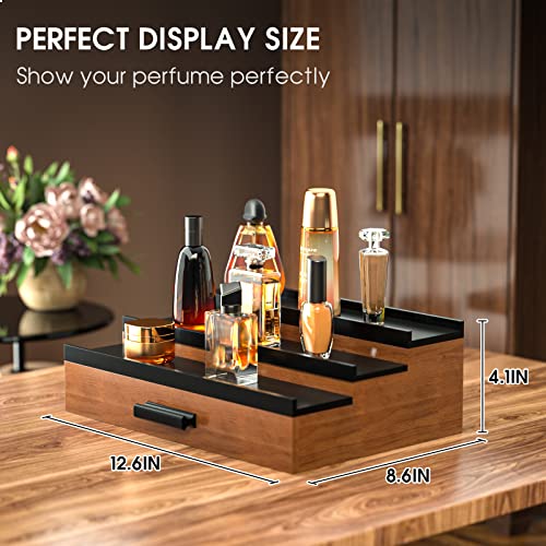 Sephyroth Cologne Organizer for Men 3 Tier of Elevated Cologne Display Shelf with Drawer Storage Perfume Organization and Storage Display Risers,Great Gift for Man(Walnut Black) - color: Walnut Black