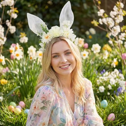 Women Easter Bunny Ears Headband Flowers Crown Rabbit Ears Party Headwear - color: White