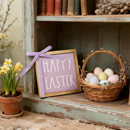 Happy Easter Wood Plaque 6x6 Inch - Purple Square Leaner Sign for Tiered Tray Decor - Lightweight Thin Wooden Prop with Gingham Ribbon Bow for Shelf Styling, Spring Basket Filler (No Stand)