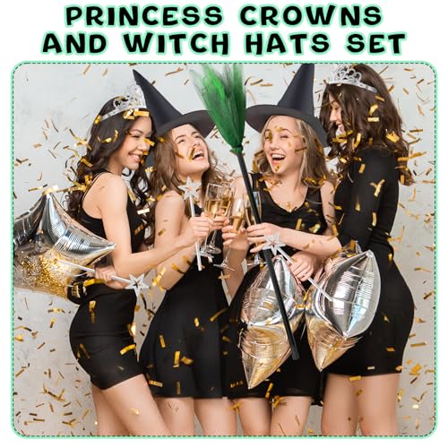 24 Pcs Witch Hats Glitter Star Wands Princess Crowns Set Black Wizard Hats Sparkling Princess Accessories - color: Green