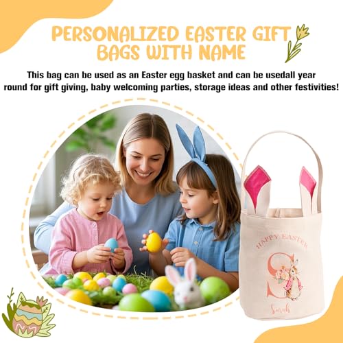 VEELU Personalized Easter Bunny Basket Custom Name Rabbit Bag for Boys & Girls Customized Storage Bucket Egg Hunting Bags for Party Tote Decorative Birthday Party Gifts