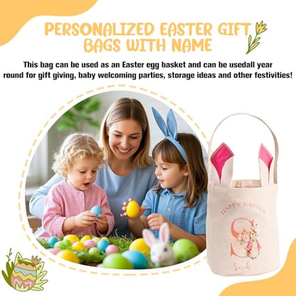 VEELU Personalized Easter Bunny Basket Custom Name Rabbit Bag for Boys & Girls Customized Storage Bucket Egg Hunting Bags for Party Tote Decorative Birthday Party Gifts