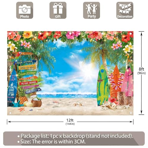 12x8ft Summer Hawaiian Beach Photography Backdrop Tropical Flower Palm Leaves Surfboard Background for Luau Aloha Party Decoration Banner Photo Booth - size: 12x8ft