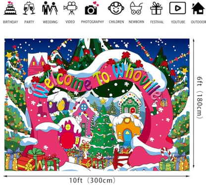 Welcome to Whoville Backdrop Winter Christmas Village Photography Background for Kids First Birthday Baby Shower Happy New Year Xmas Holiday Party Decoration Supplies Photo Props (10x6FT) - size: 10x6FT