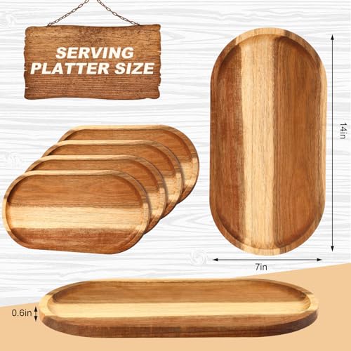 Yaomiao 4 Pcs Acacia Wooden Serving Tray Oval Shaped Rustic Wood Plates Large Decorative Natural Tray Serving Platter for Food Charcuterie Cheese Dish Bread Fruit Kitchen(14 x 7 Inch) - size: 14 x 7 Inch