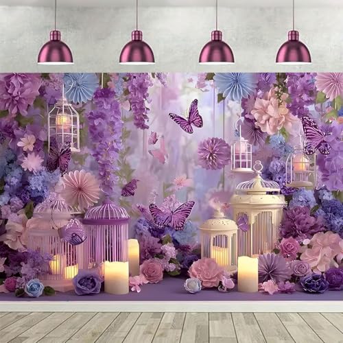 Purple Pink Flower Backdrop Lavender Wisteria Floral for Parties Wedding Butterfly Candlelight Glitter Background Girl Birthday Decoration Engagement Ceremony Photo Studio Props (B, 9X6FT) - color: B, size: 9X6FT