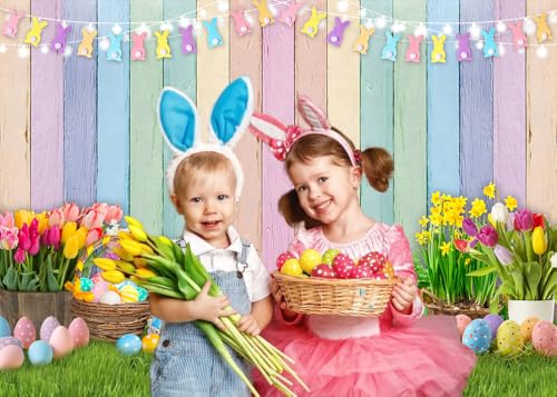 Easter Colorful Wood Backdrop Spring Flowers Green Lawn Natural Scenery Photography Background Easter Party Decorations for Kids Birthday Baby Shower Photo Studio Props(7x5FT（210x150cm）)