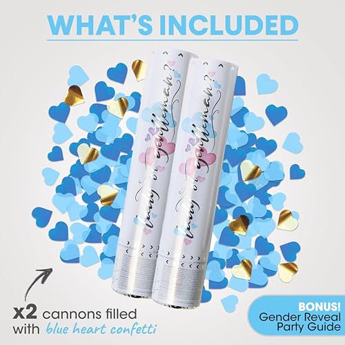 PrimePure Gender Reveal Confetti Cannon - Heart Shaped Confetti Poppers - Blue, 2 Pack - Baby Boy Gender Reveal Party Poppers - Blue Paper Baby Party Supplies Pop Gun - color: Blue