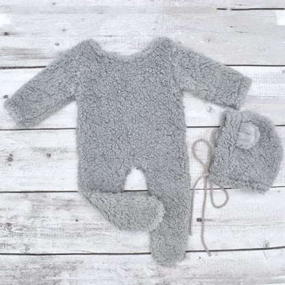 Zeroest Newborn Photography Props Boy Outfits Bear Baby Girl Photo Props Outfits Hat Footed Romper Sleeved Set for Photoshoot - color: Gray
